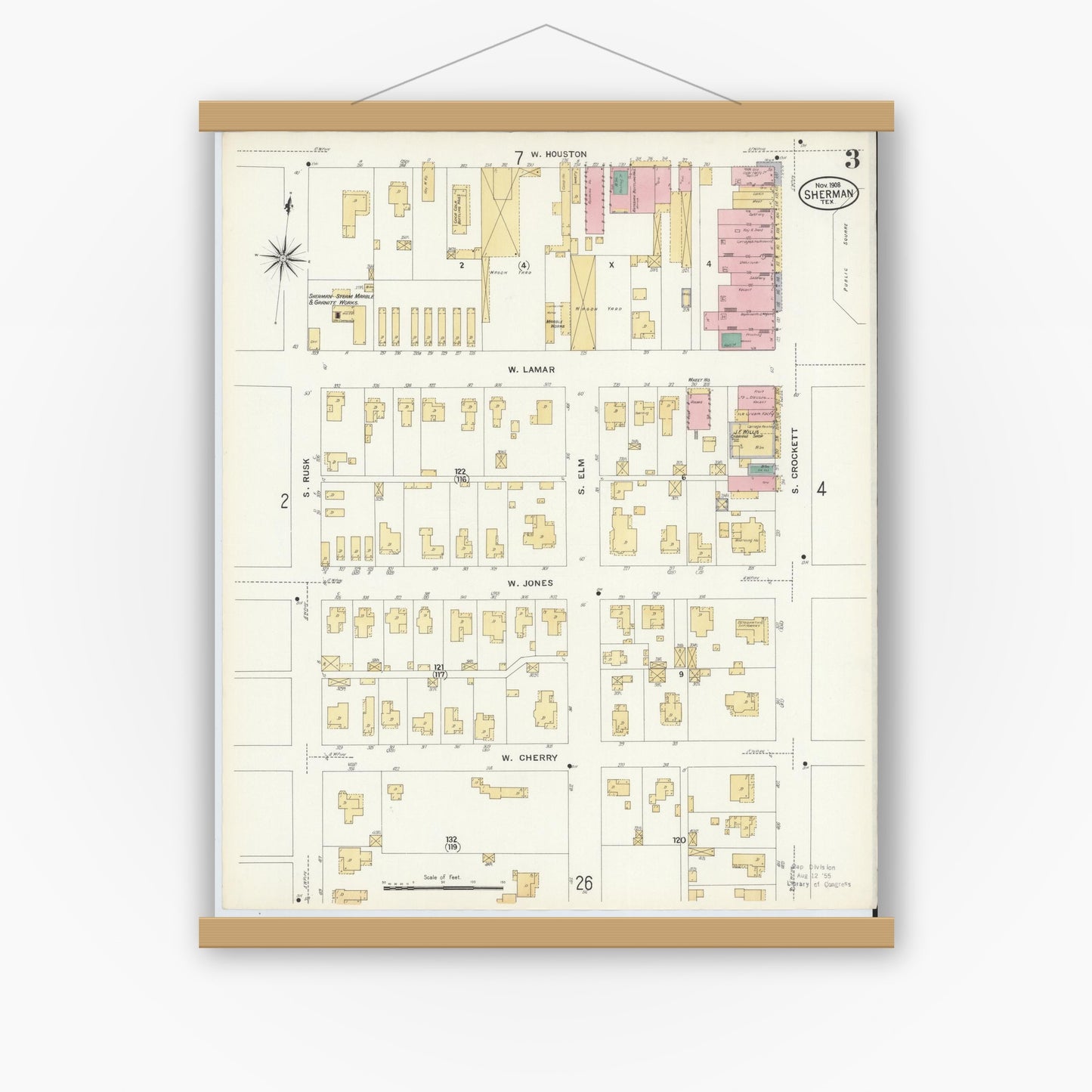 Old map wall art mockup — magnetic wood frame on white wall — Sanborn Fire Insurance Map from Sherman, Grayson County, Texas (1908), Sheet #0003