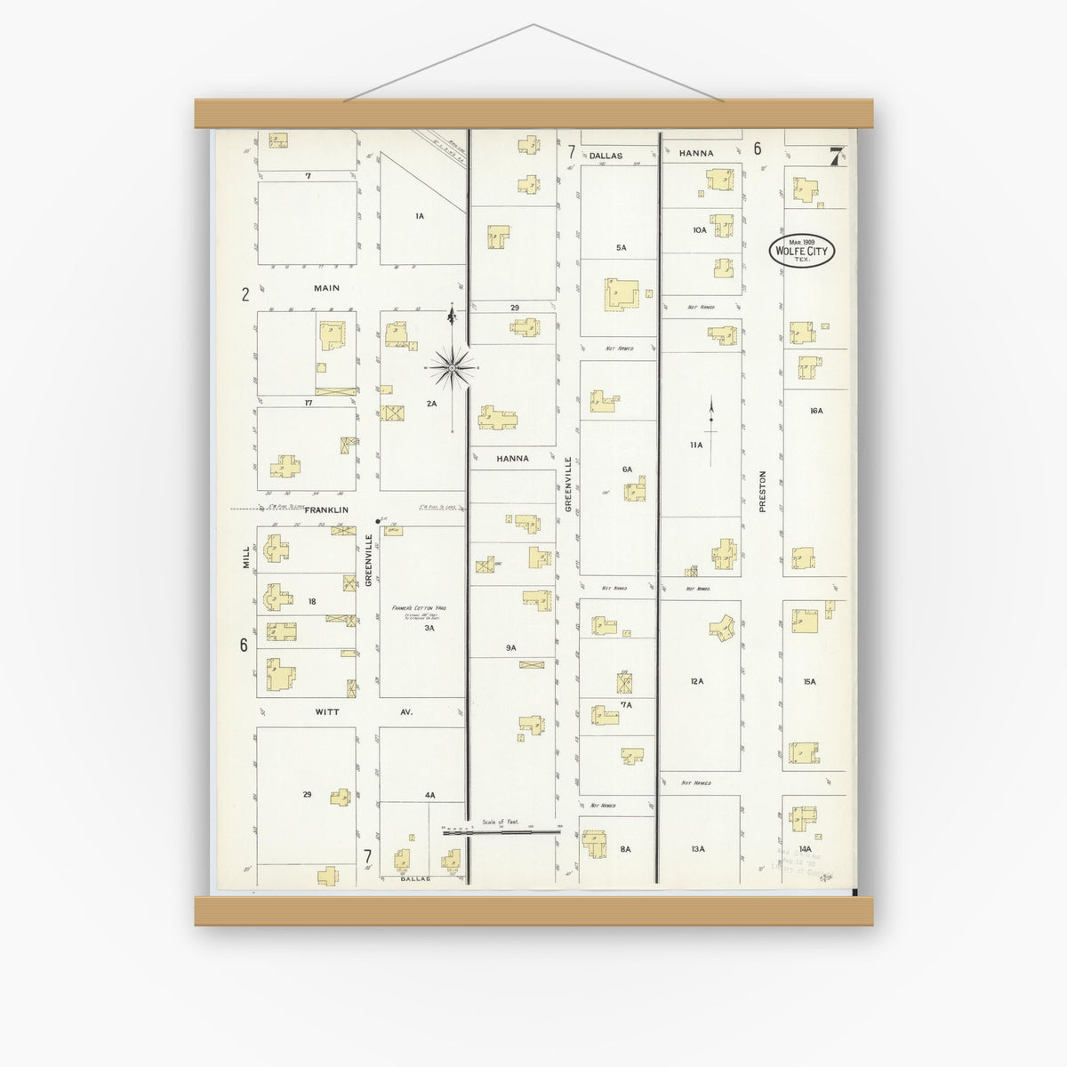 Old map wall art mockup — magnetic wood frame on white wall — Sanborn Fire Insurance Map from Wolfe City, Hunt County, Texas (1909), Sheet #0007