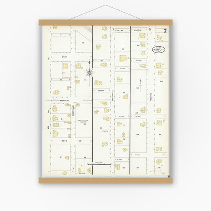 Old map wall art mockup — magnetic wood frame on white wall — Sanborn Fire Insurance Map from Wolfe City, Hunt County, Texas (1909), Sheet #0007