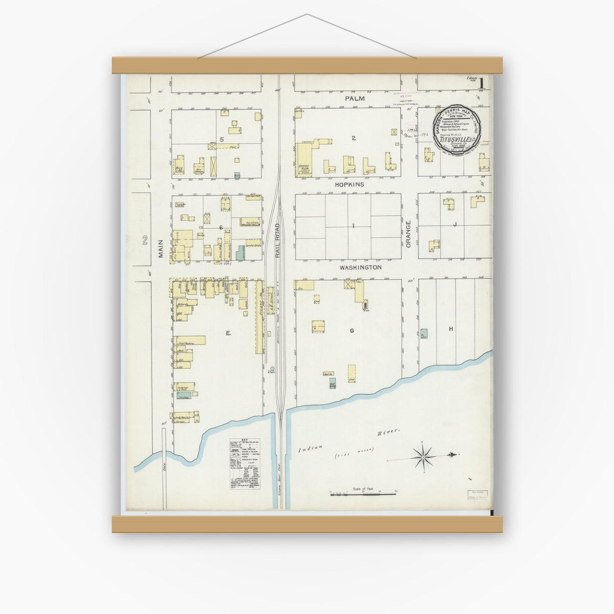 Old map wall art mockup — magnetic wood frame on white wall — Sanborn Fire Insurance Map from Titusville, Brevard County, Florida (1893) - Complete Map Set