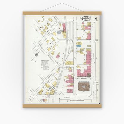 Old map wall art mockup — magnetic wood frame on white wall — Sanborn Fire Insurance Map from Edwardsville, Madison County, Illinois (1921), Sheet #0006