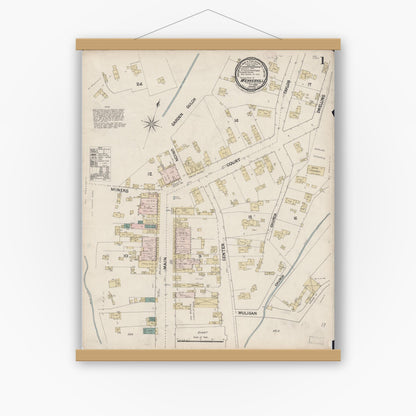 Old map wall art mockup — magnetic wood frame on white wall — Sanborn Fire Insurance Map from Weaverville, Trinity County, California (1889) - Complete Map Set