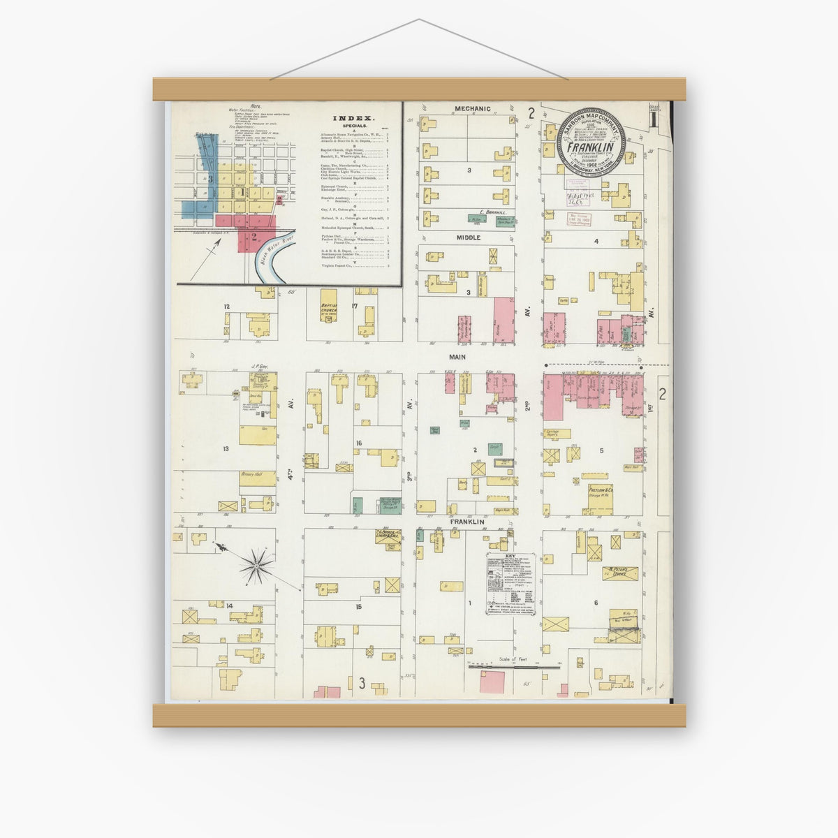 Old map wall art mockup — magnetic wood frame on white wall — Sanborn Fire Insurance Map from Franklin, Independent Cities, Virginia (1902) - Complete Map Set