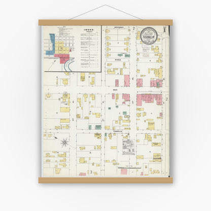 Old map wall art mockup — magnetic wood frame on white wall — Sanborn Fire Insurance Map from Franklin, Independent Cities, Virginia (1902) - Complete Map Set