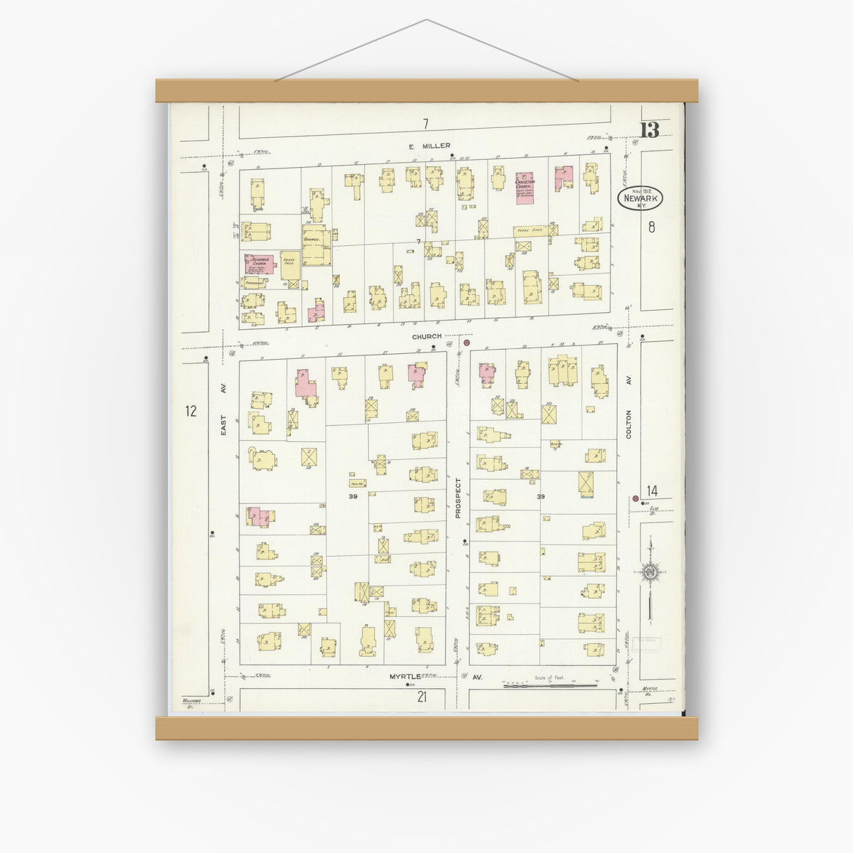Old map wall art mockup — magnetic wood frame on white wall — Sanborn Fire Insurance Map from Newark, Wayne County, New York (1912), Sheet #0013