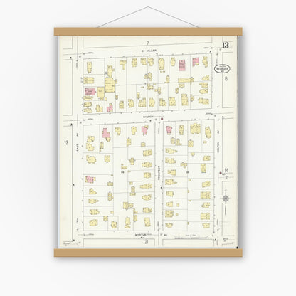 Old map wall art mockup — magnetic wood frame on white wall — Sanborn Fire Insurance Map from Newark, Wayne County, New York (1912), Sheet #0013