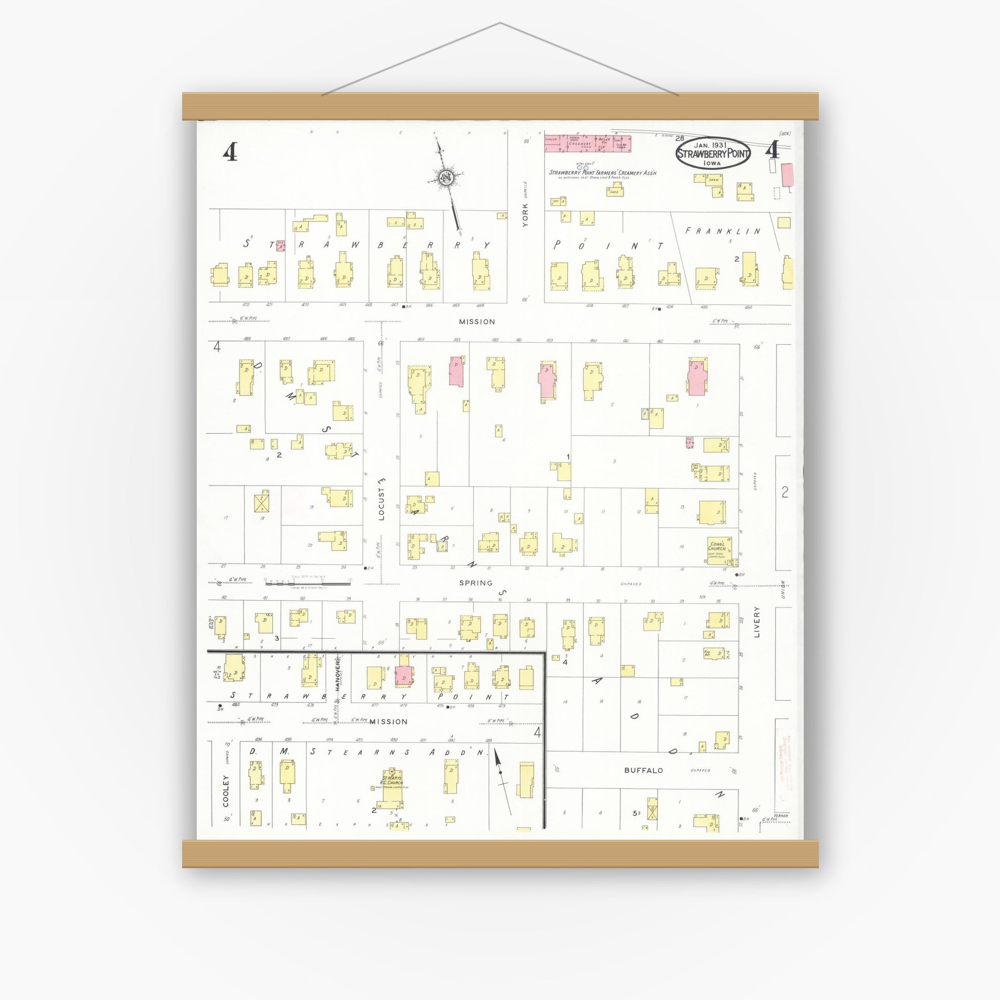 Old map wall art mockup — magnetic wood frame on white wall — Sanborn Fire Insurance Map from Strawberry Point, Clayton County, Iowa (1931), Sheet #0004