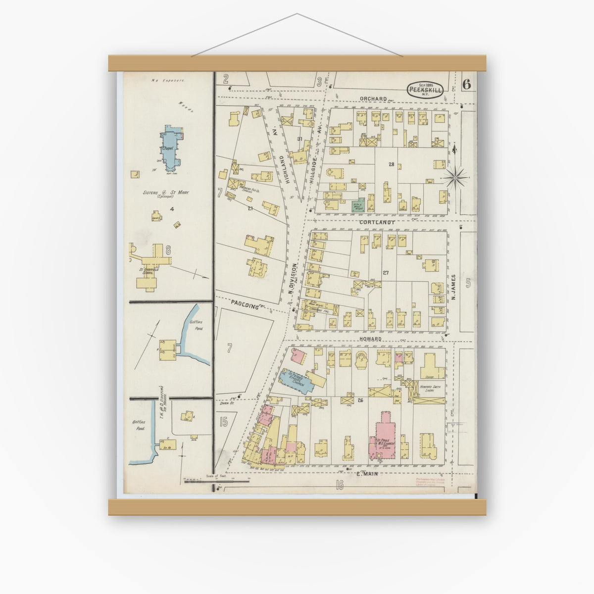 Old map wall art mockup — magnetic wood frame on white wall — Sanborn Fire Insurance Map from Peekskill, Westchester County, New York (1895), Sheet #0006