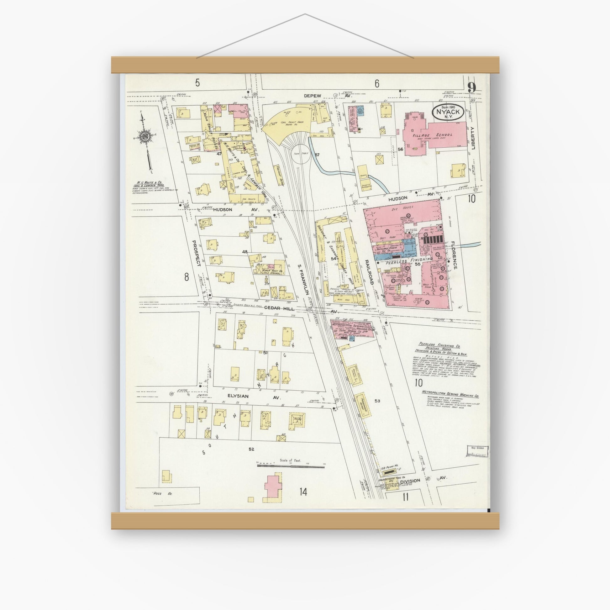 Old map wall art mockup — magnetic wood frame on white wall — Sanborn Fire Insurance Map from Nyack, Rockland County, New York. (1910), Sheet #0009