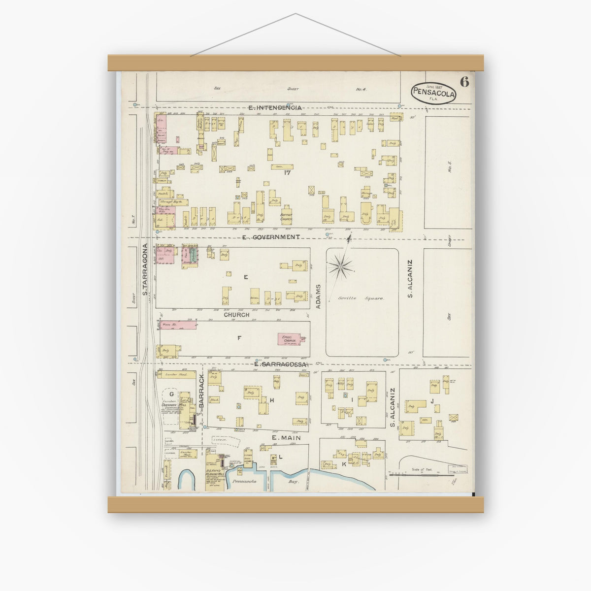 Old map wall art mockup — magnetic wood frame on white wall — Sanborn Fire Insurance Map from Pensacola, Escambia County, Florida (1887), Sheet #0006