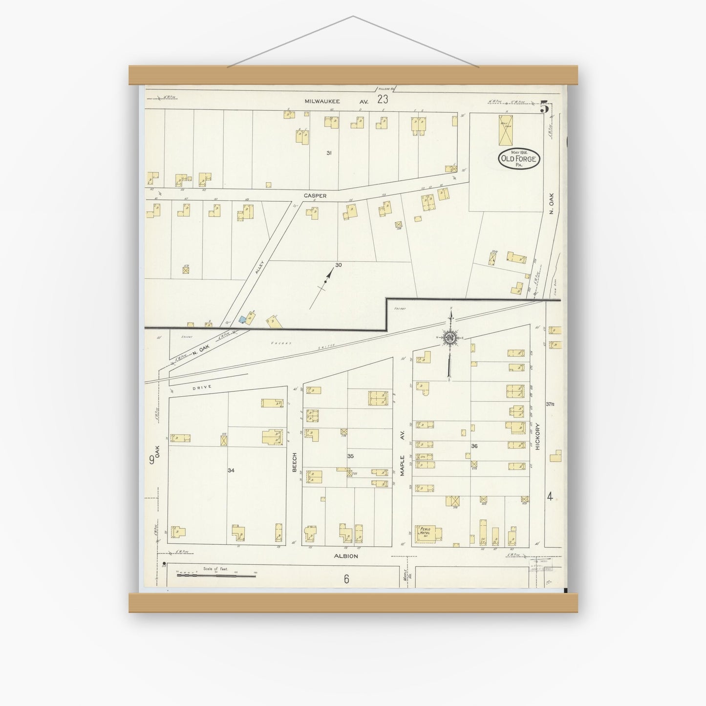 Old map wall art mockup — magnetic wood frame on white wall — Sanborn Fire Insurance Map from Old Forge, Lackawanna County, Pennsylvania (1914), Sheet #0005