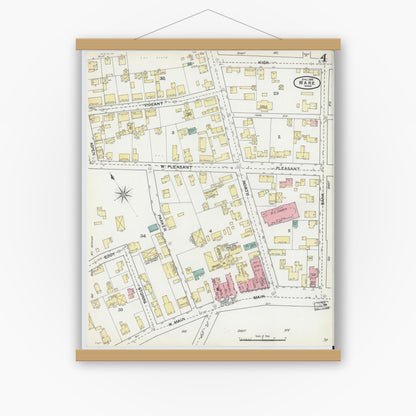 Old map wall art mockup — magnetic wood frame on white wall — Sanborn Fire Insurance Map from Ware, Hampshire County, Massachusetts (1892), Sheet #0004