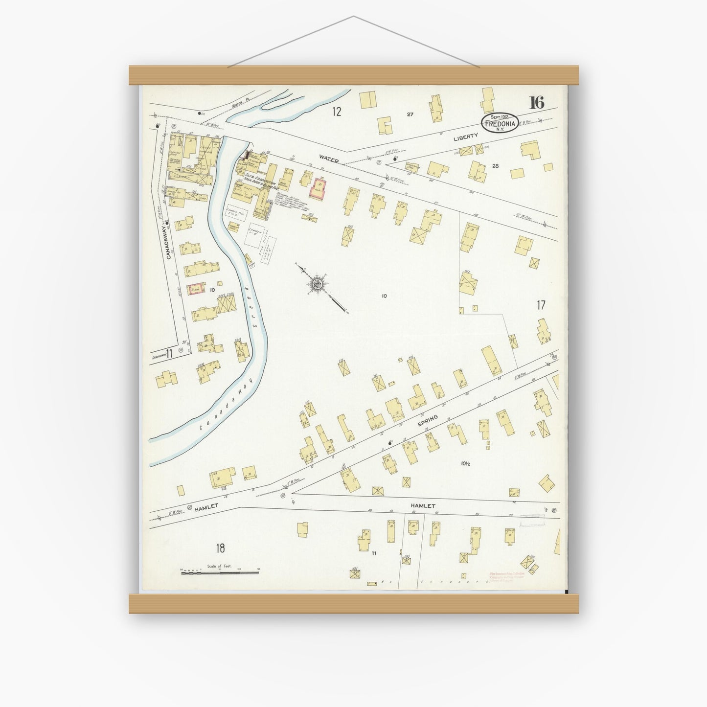 Old map wall art mockup — magnetic wood frame on white wall — Sanborn Fire Insurance Map from Fredonia, Chautauqua County, New York (1912), Sheet #0016