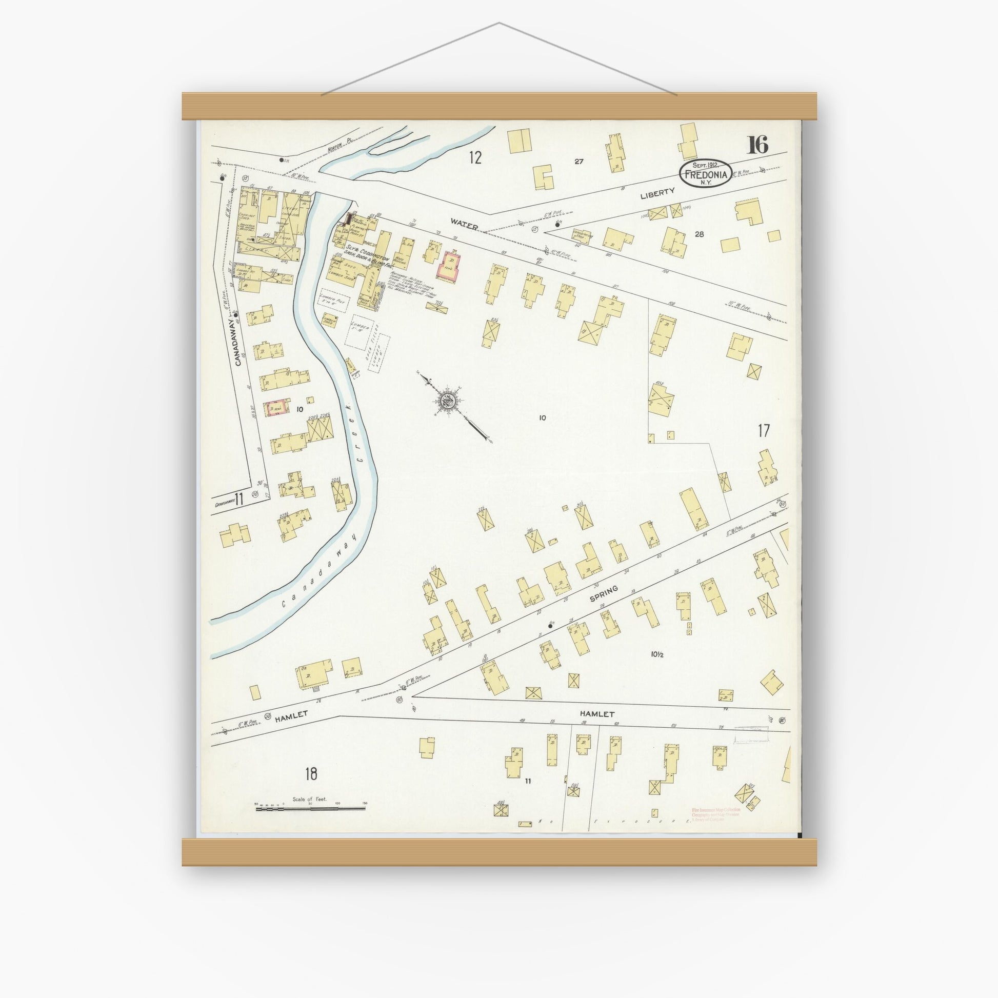 Old map wall art mockup — magnetic wood frame on white wall — Sanborn Fire Insurance Map from Fredonia, Chautauqua County, New York (1912), Sheet #0016