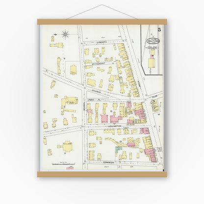 Old map wall art mockup — magnetic wood frame on white wall — Sanborn Fire Insurance Map from Waltham, Middlesex County, Massachusetts (1892), Sheet #0005