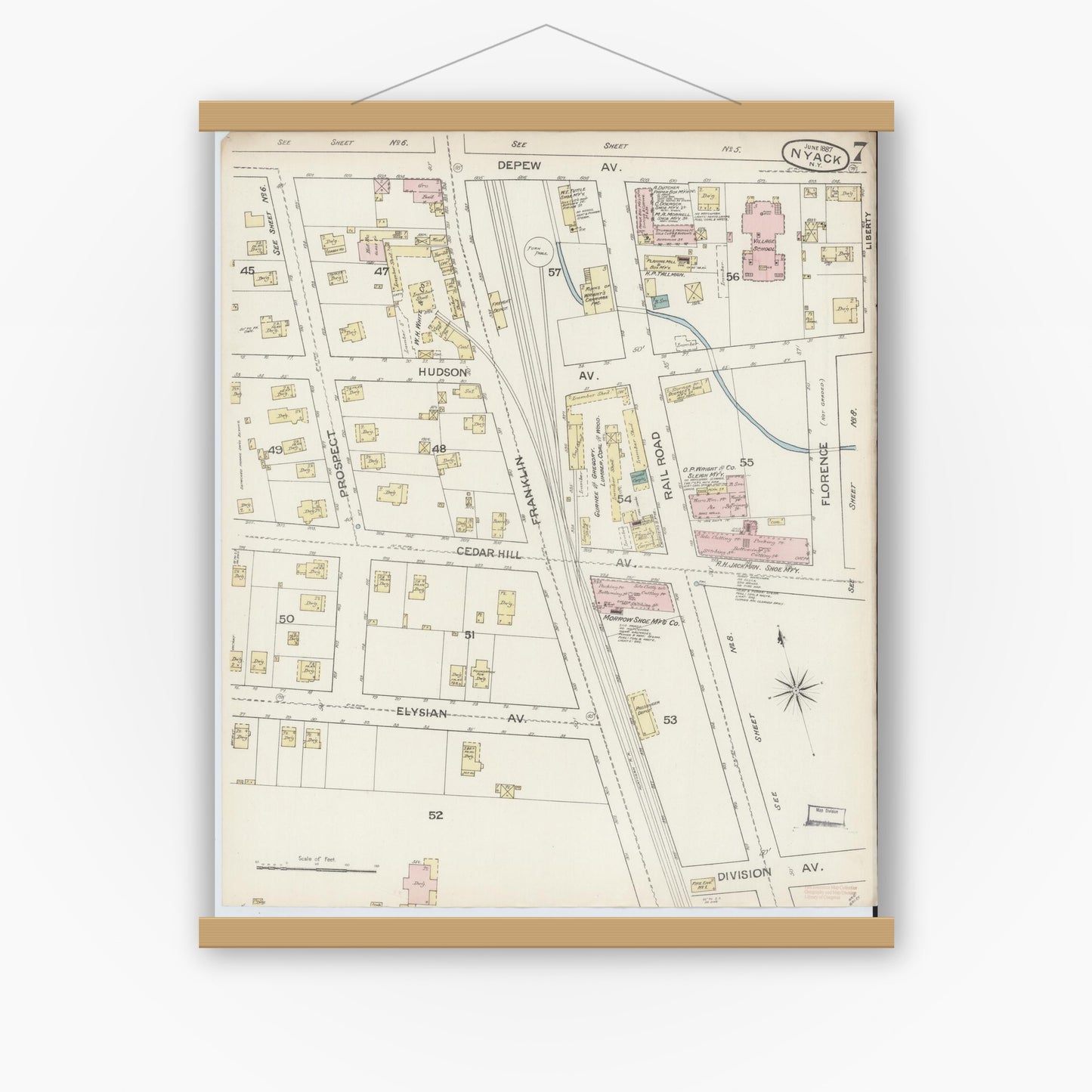 Old map wall art mockup — magnetic wood frame on white wall — Sanborn Fire Insurance Map from Nyack, Rockland County, New York. (1887), Sheet #0007