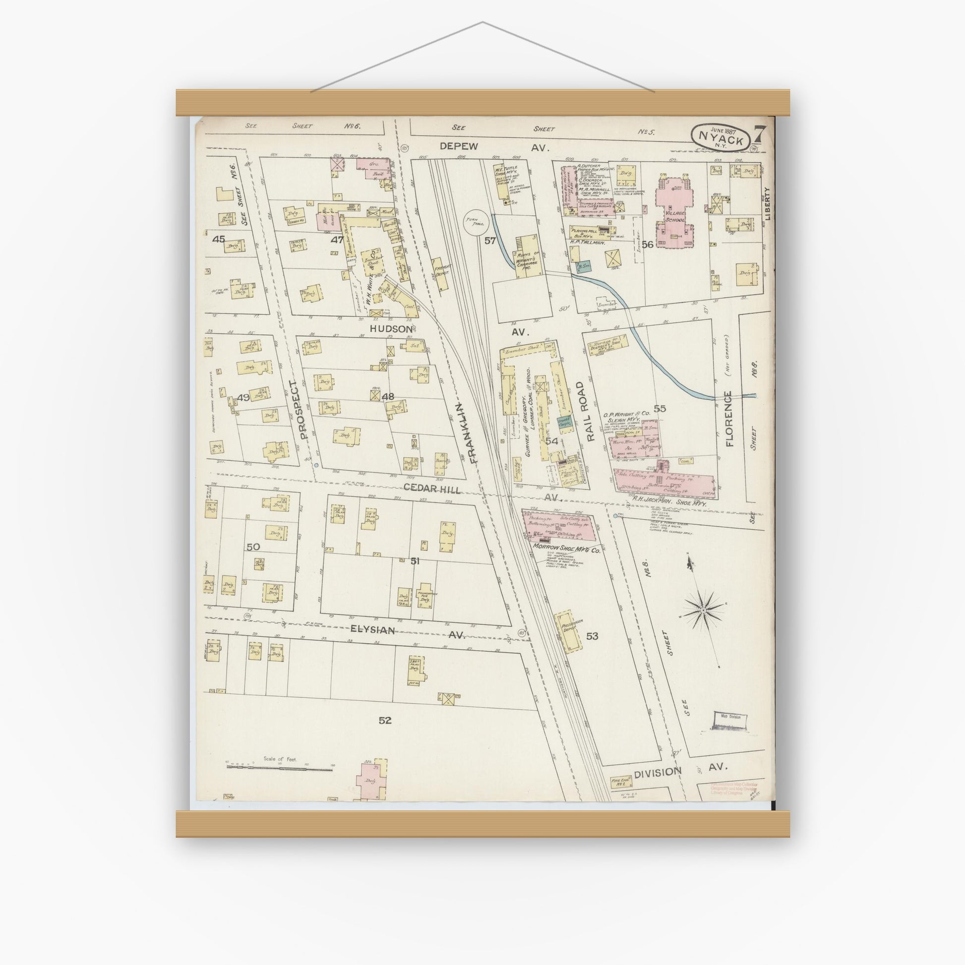 Old map wall art mockup — magnetic wood frame on white wall — Sanborn Fire Insurance Map from Nyack, Rockland County, New York. (1887), Sheet #0007
