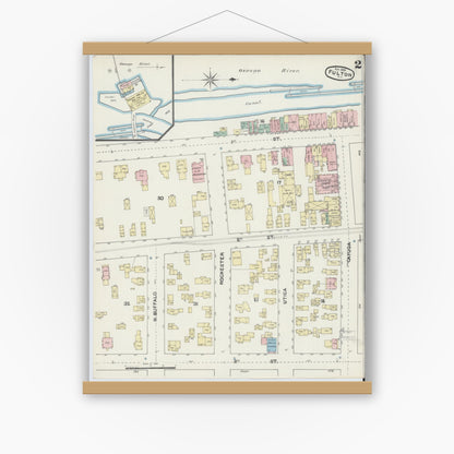 Old map wall art mockup — magnetic wood frame on white wall — Sanborn Fire Insurance Map from Fulton, Oswego County, New York (1890) - Complete Map Set
