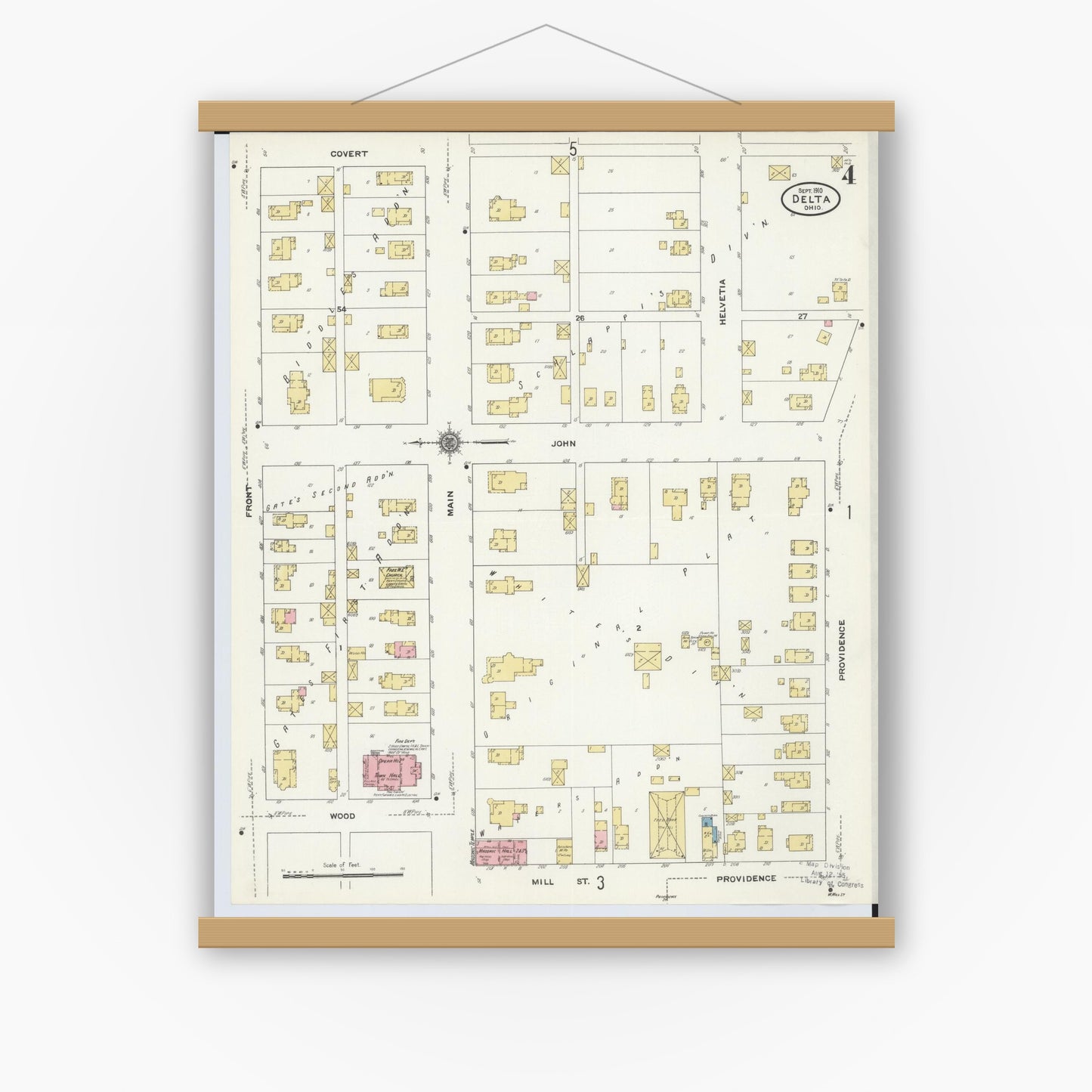 Old map wall art mockup — magnetic wood frame on white wall — Sanborn Fire Insurance Map from Delta, Fulton County, Ohio (1905), Sheet #0008