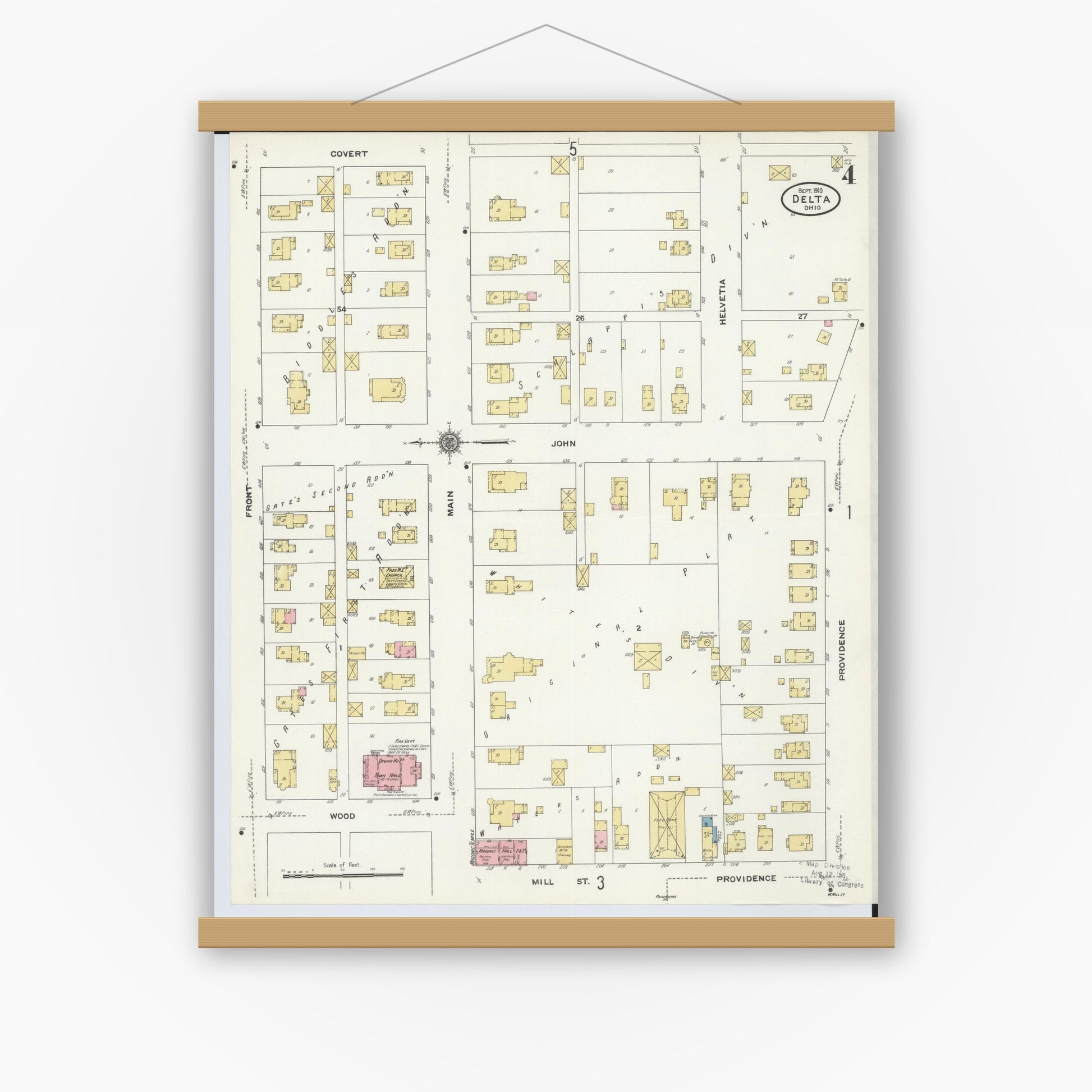 Old map wall art mockup — magnetic wood frame on white wall — Sanborn Fire Insurance Map from Delta, Fulton County, Ohio (1905), Sheet #0008