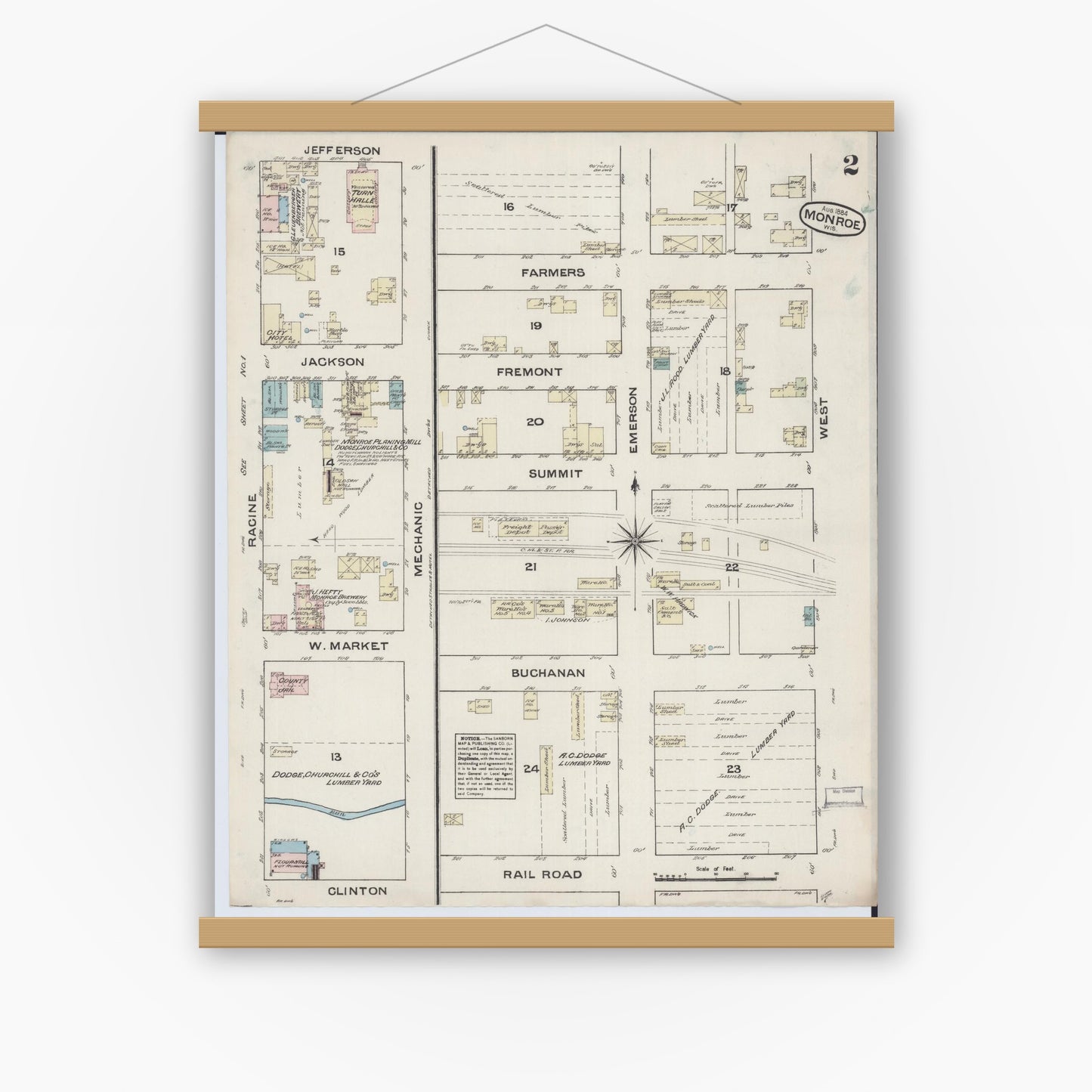 Old map wall art mockup — magnetic wood frame on white wall — Sanborn Fire Insurance Map from Monroe, Green County, Wisconsin (1884), Sheet #0002