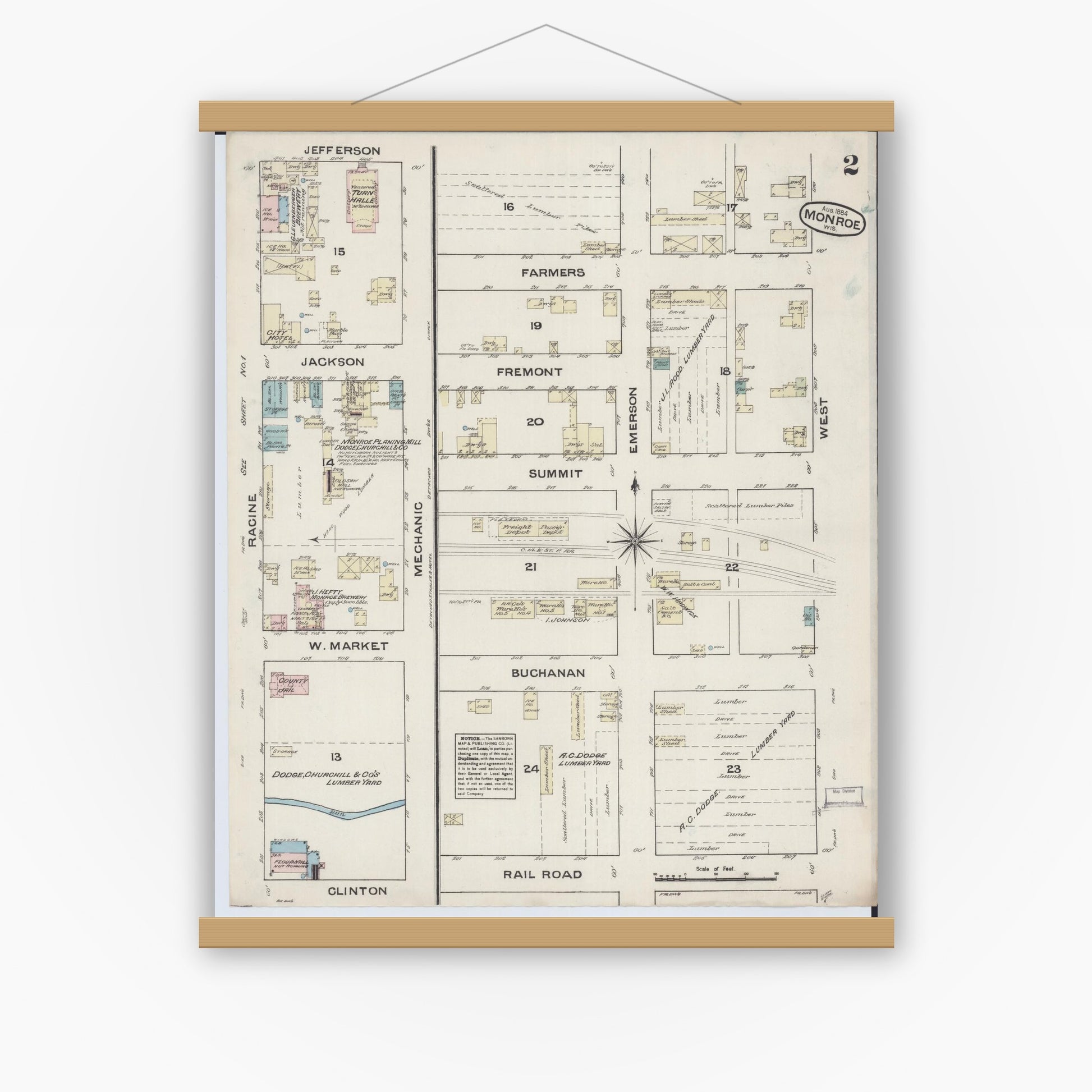 Old map wall art mockup — magnetic wood frame on white wall — Sanborn Fire Insurance Map from Monroe, Green County, Wisconsin (1884), Sheet #0002