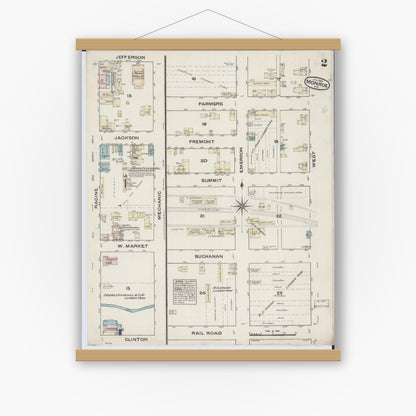 Old map wall art mockup — magnetic wood frame on white wall — Sanborn Fire Insurance Map from Monroe, Green County, Wisconsin (1884), Sheet #0002