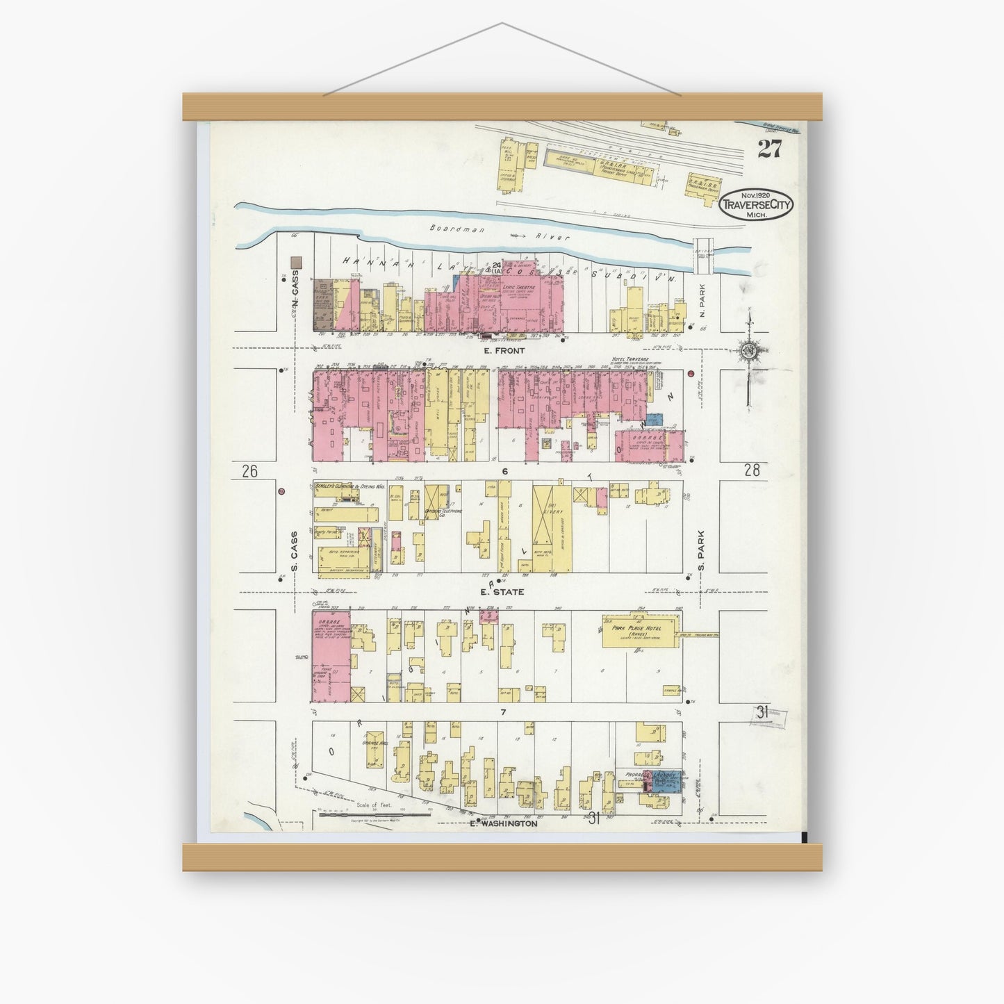 Old map wall art mockup — magnetic wood frame on white wall — Sanborn Fire Insurance Map from Traverse City, Grand Traverse County, Michigan (1920), Sheet #0027