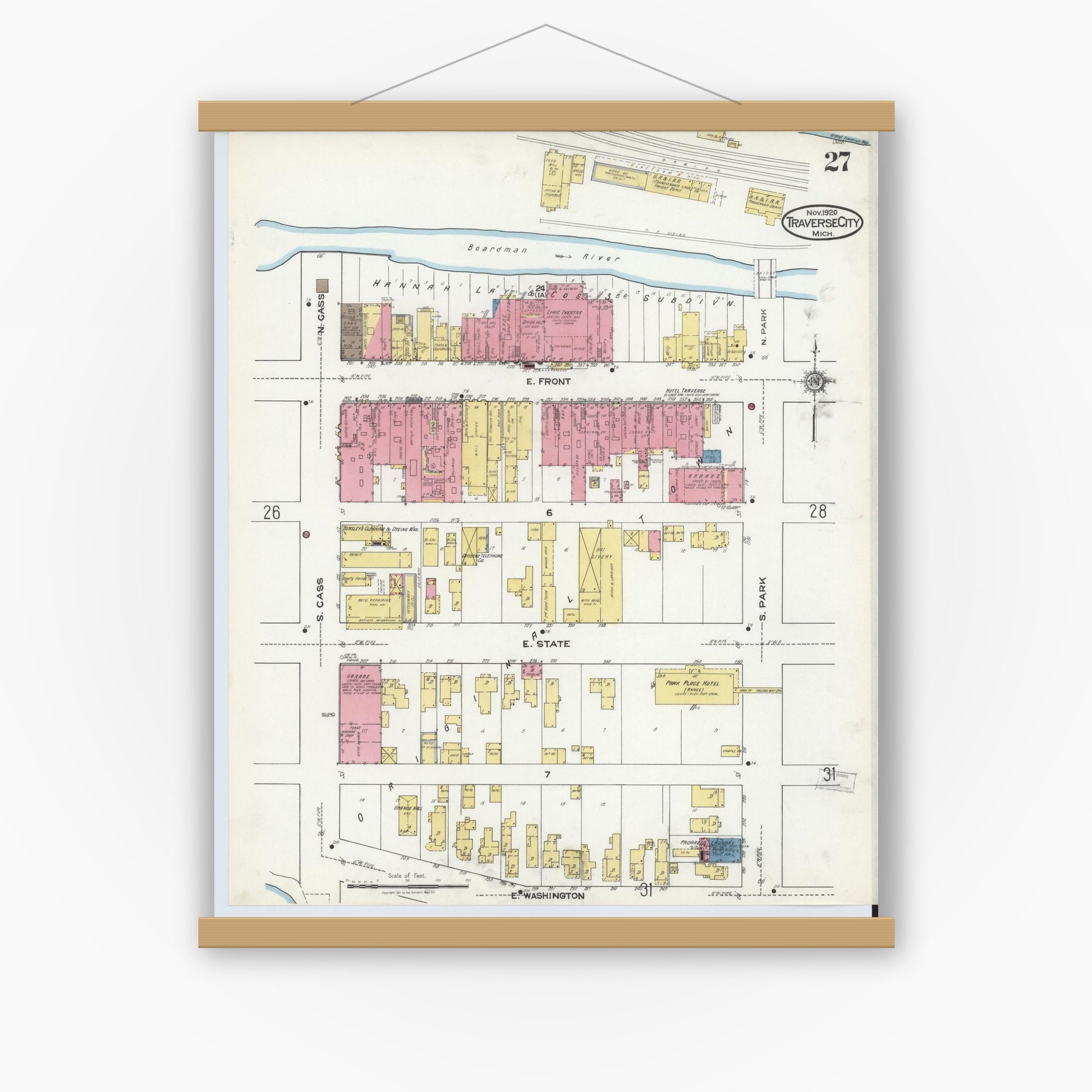 Old map wall art mockup — magnetic wood frame on white wall — Sanborn Fire Insurance Map from Traverse City, Grand Traverse County, Michigan (1920), Sheet #0027