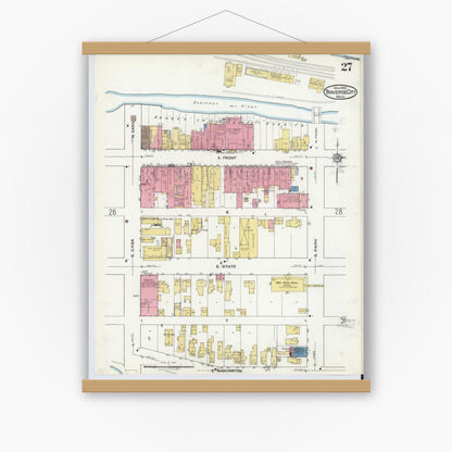 Old map wall art mockup — magnetic wood frame on white wall — Sanborn Fire Insurance Map from Traverse City, Grand Traverse County, Michigan (1920), Sheet #0027