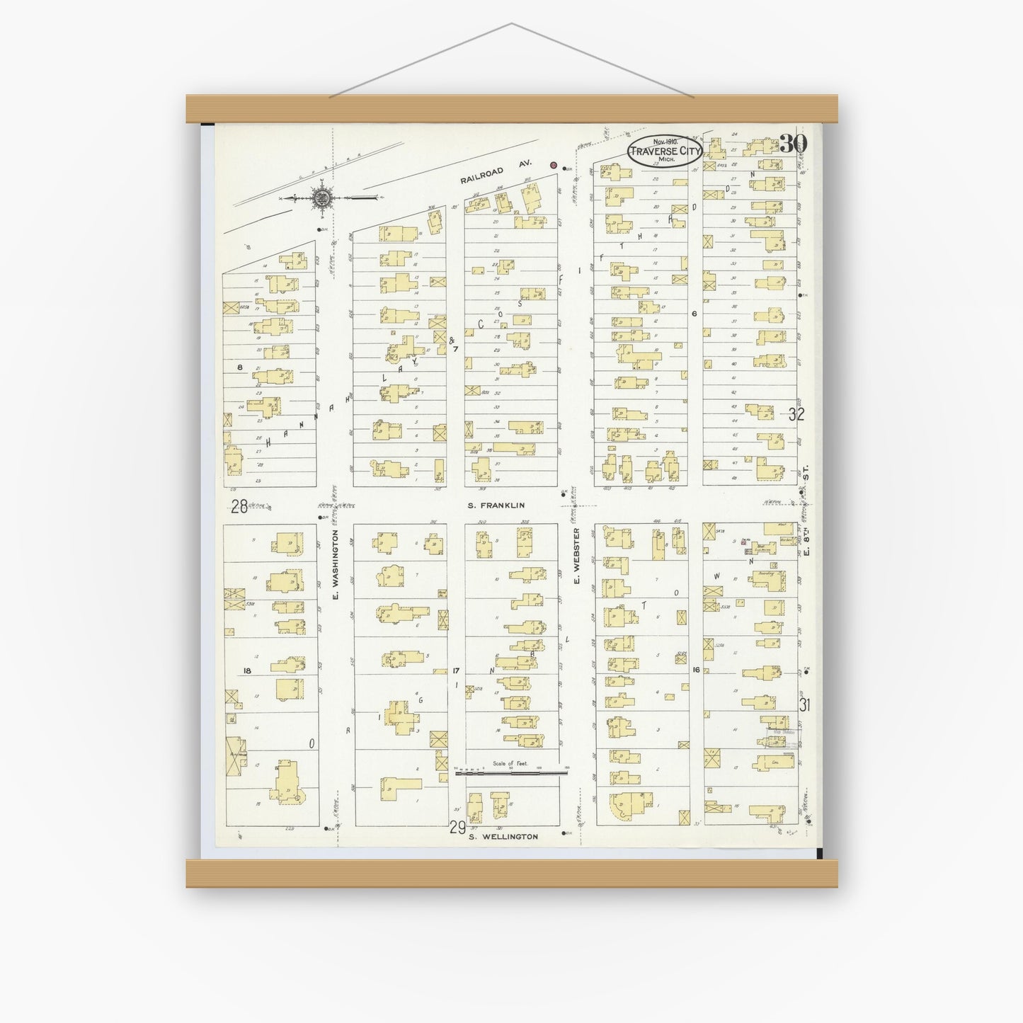 Old map wall art mockup — magnetic wood frame on white wall — Sanborn Fire Insurance Map from Traverse City, Grand Traverse County, Michigan (1910), Sheet #0030
