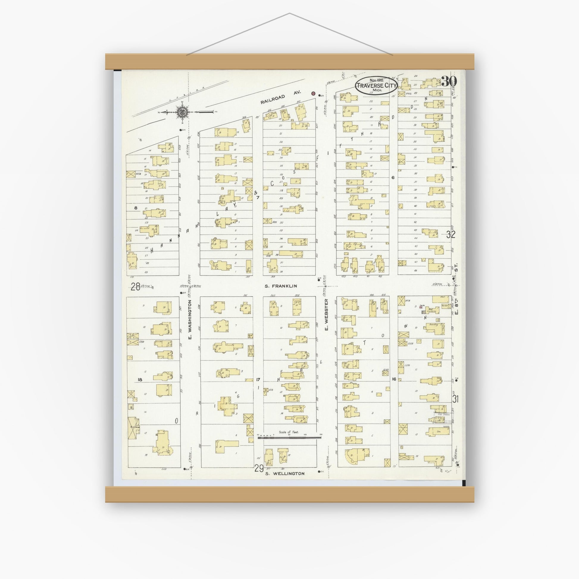 Old map wall art mockup — magnetic wood frame on white wall — Sanborn Fire Insurance Map from Traverse City, Grand Traverse County, Michigan (1910), Sheet #0030