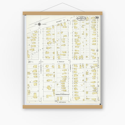 Old map wall art mockup — magnetic wood frame on white wall — Sanborn Fire Insurance Map from Traverse City, Grand Traverse County, Michigan (1910), Sheet #0030