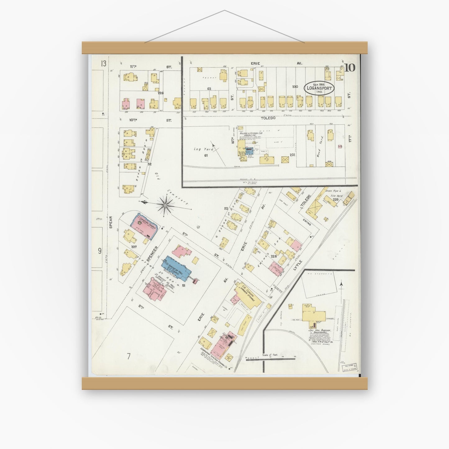 Old map wall art mockup — magnetic wood frame on white wall — Sanborn Fire Insurance Map from Logansport, Cass County, Indiana (1906), Sheet #0010