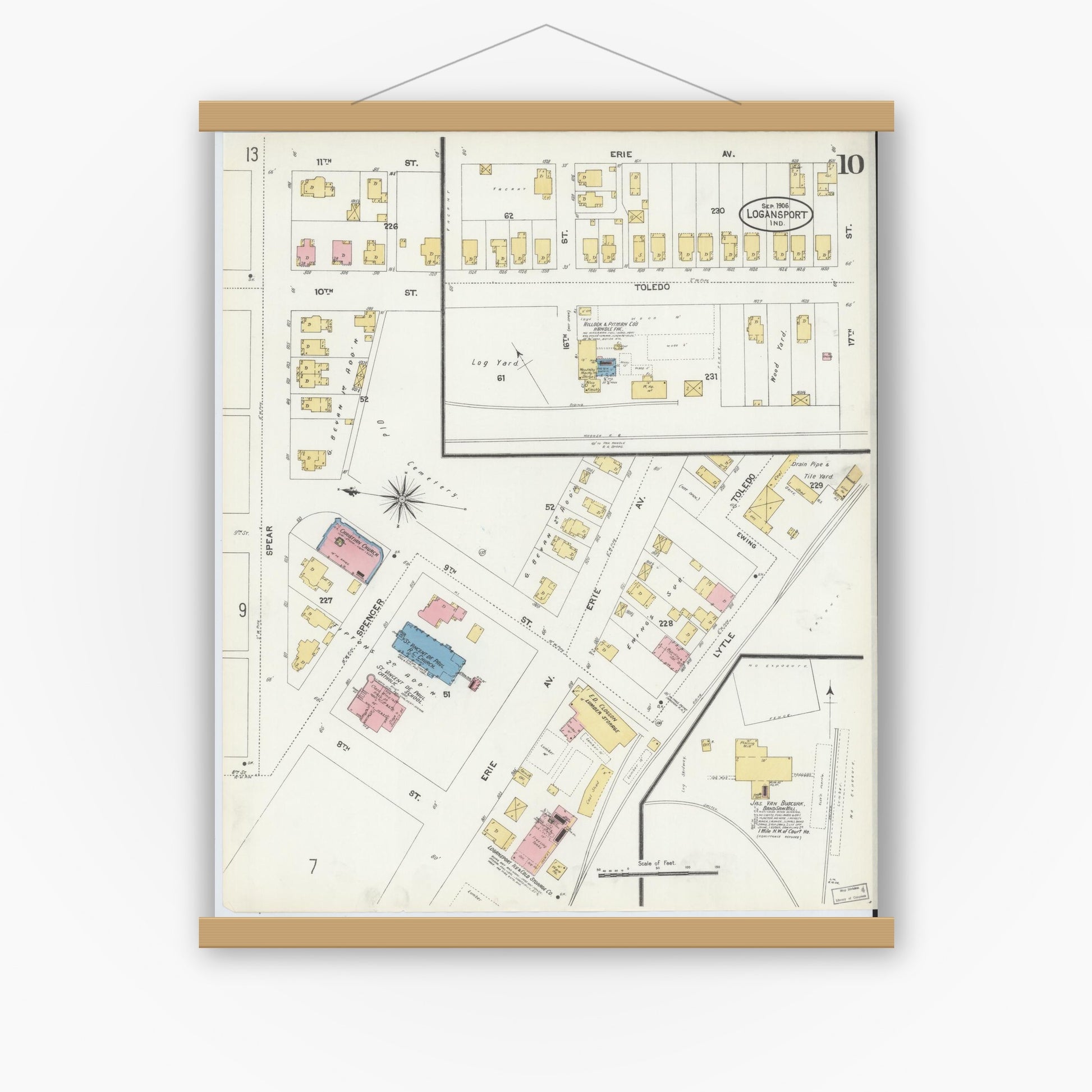 Old map wall art mockup — magnetic wood frame on white wall — Sanborn Fire Insurance Map from Logansport, Cass County, Indiana (1906), Sheet #0010