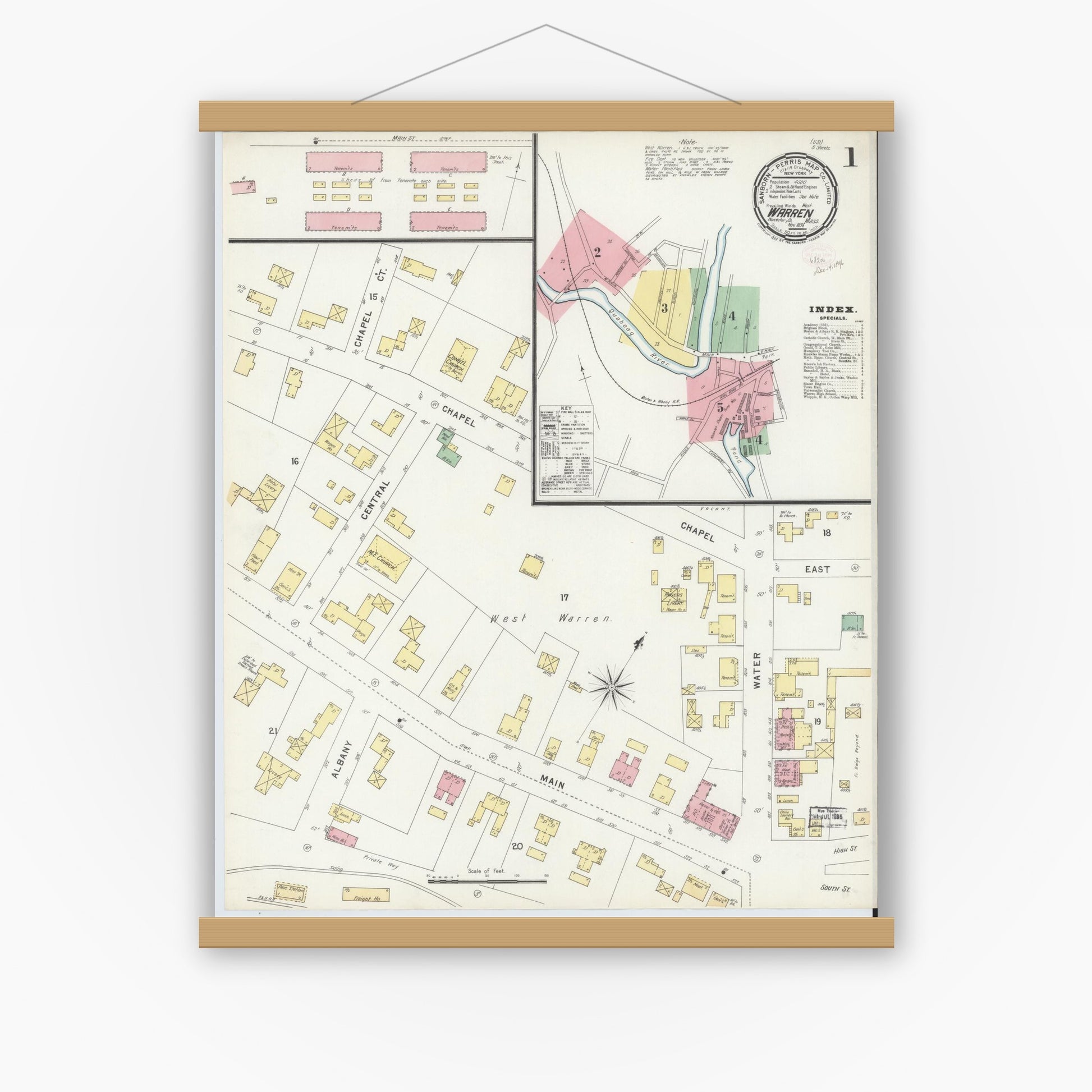 Old map wall art mockup — magnetic wood frame on white wall — Sanborn Fire Insurance Map from Warren, Worcester County, Massachusetts (1896), Sheet #0001