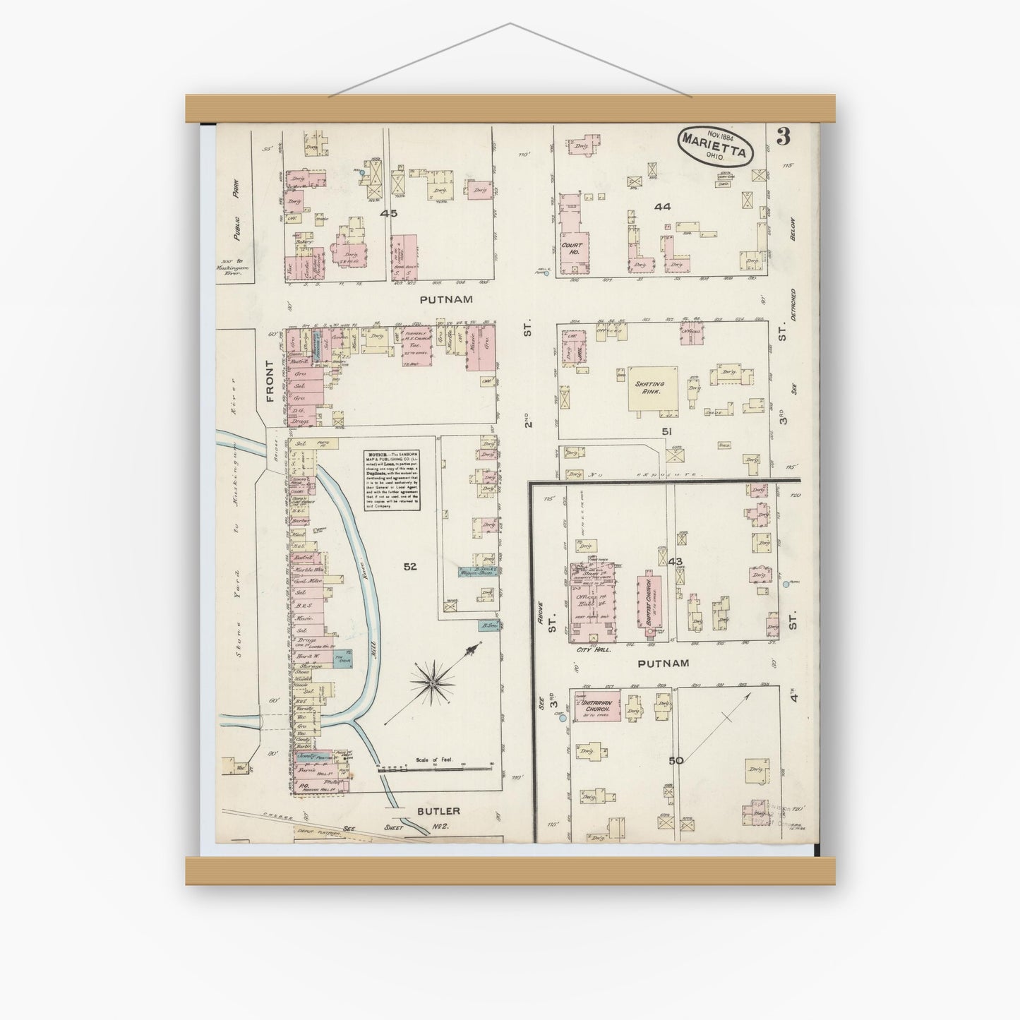 Old map wall art mockup — magnetic wood frame on white wall — Sanborn Fire Insurance Map from Marietta, Washington County, Ohio (1884), Sheet #0003