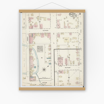 Old map wall art mockup — magnetic wood frame on white wall — Sanborn Fire Insurance Map from Marietta, Washington County, Ohio (1884), Sheet #0003