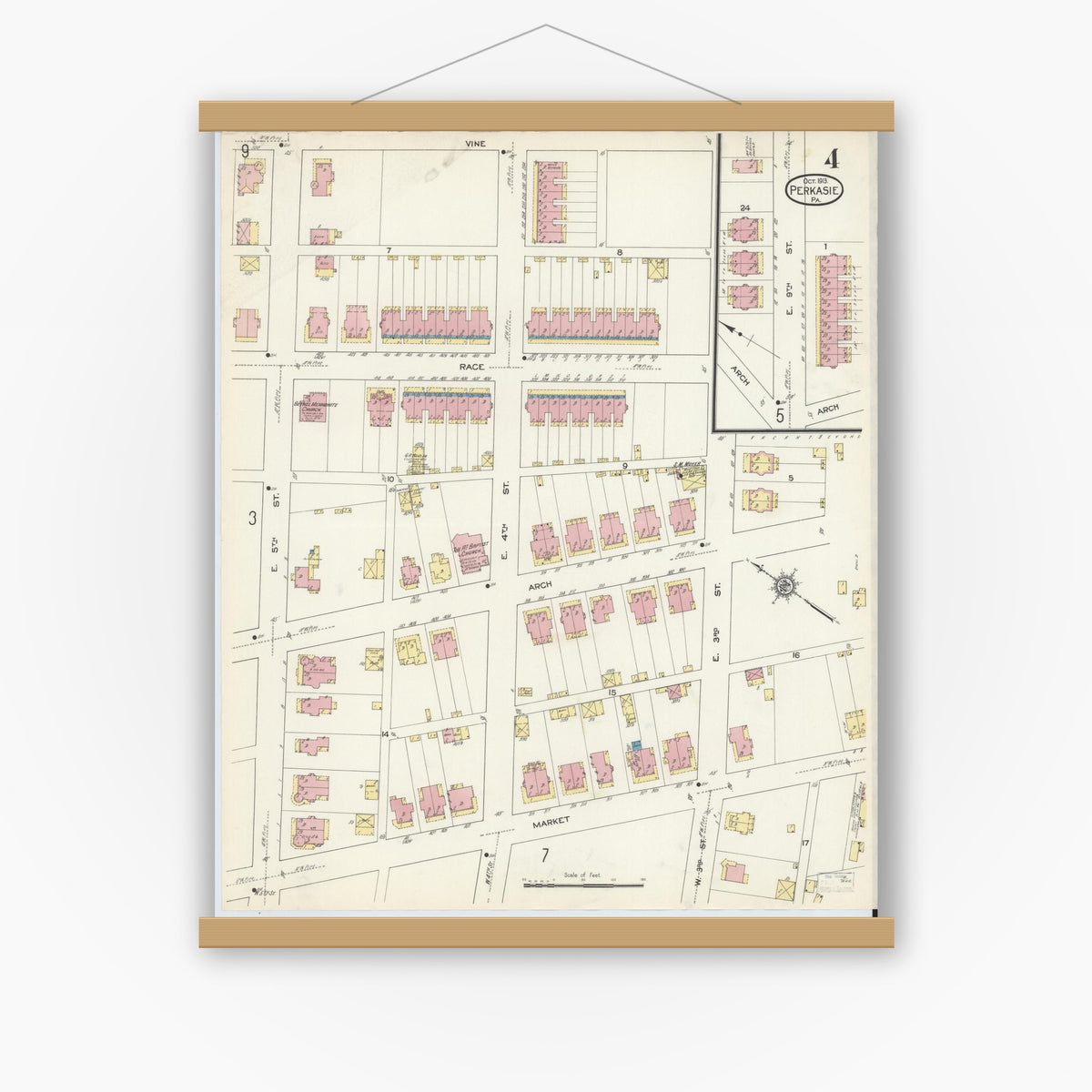 Old map wall art mockup — magnetic wood frame on white wall — Sanborn Fire Insurance Map from Perkasie, Bucks County, Pennsylvania (1913), Sheet #0004