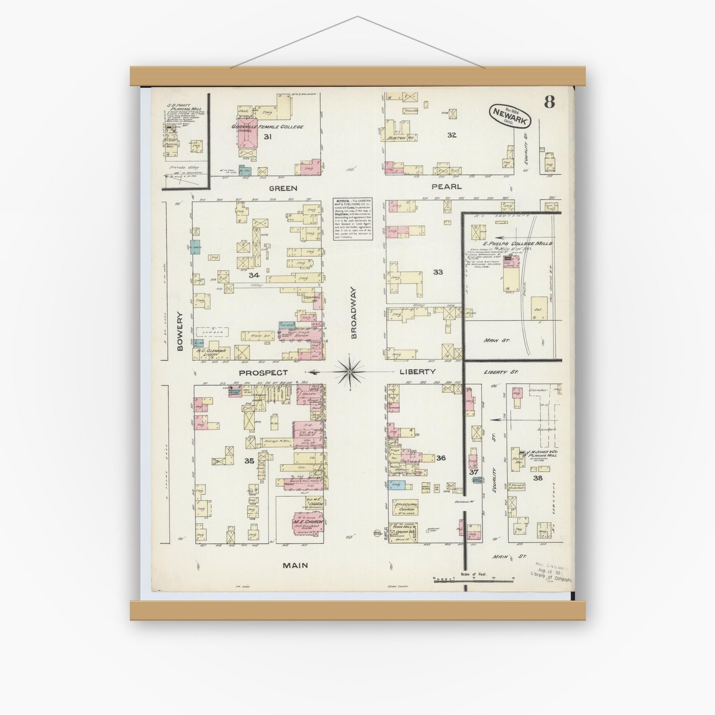 Old map wall art mockup — magnetic wood frame on white wall — Sanborn Fire Insurance Map from Newark, Licking County, Ohio (1884), Sheet #0008