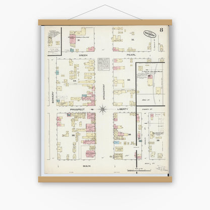 Old map wall art mockup — magnetic wood frame on white wall — Sanborn Fire Insurance Map from Newark, Licking County, Ohio (1884), Sheet #0008