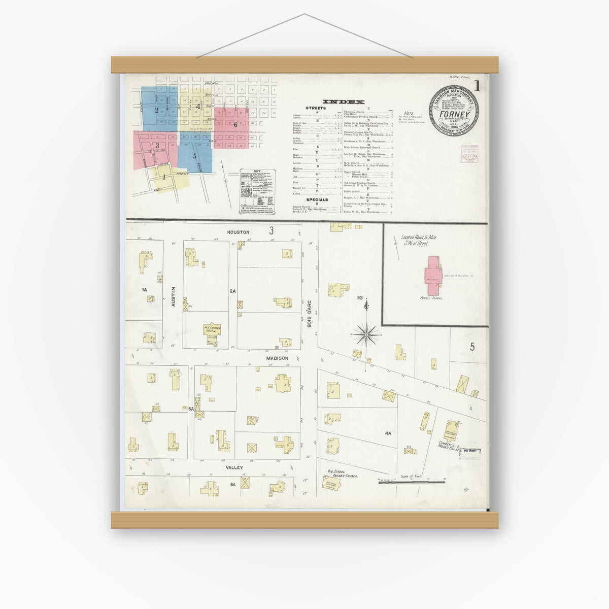 Old map wall art mockup — magnetic wood frame on white wall — Sanborn Fire Insurance Map from Forney, Kaufman County, Texas (1906) - Complete Map Set