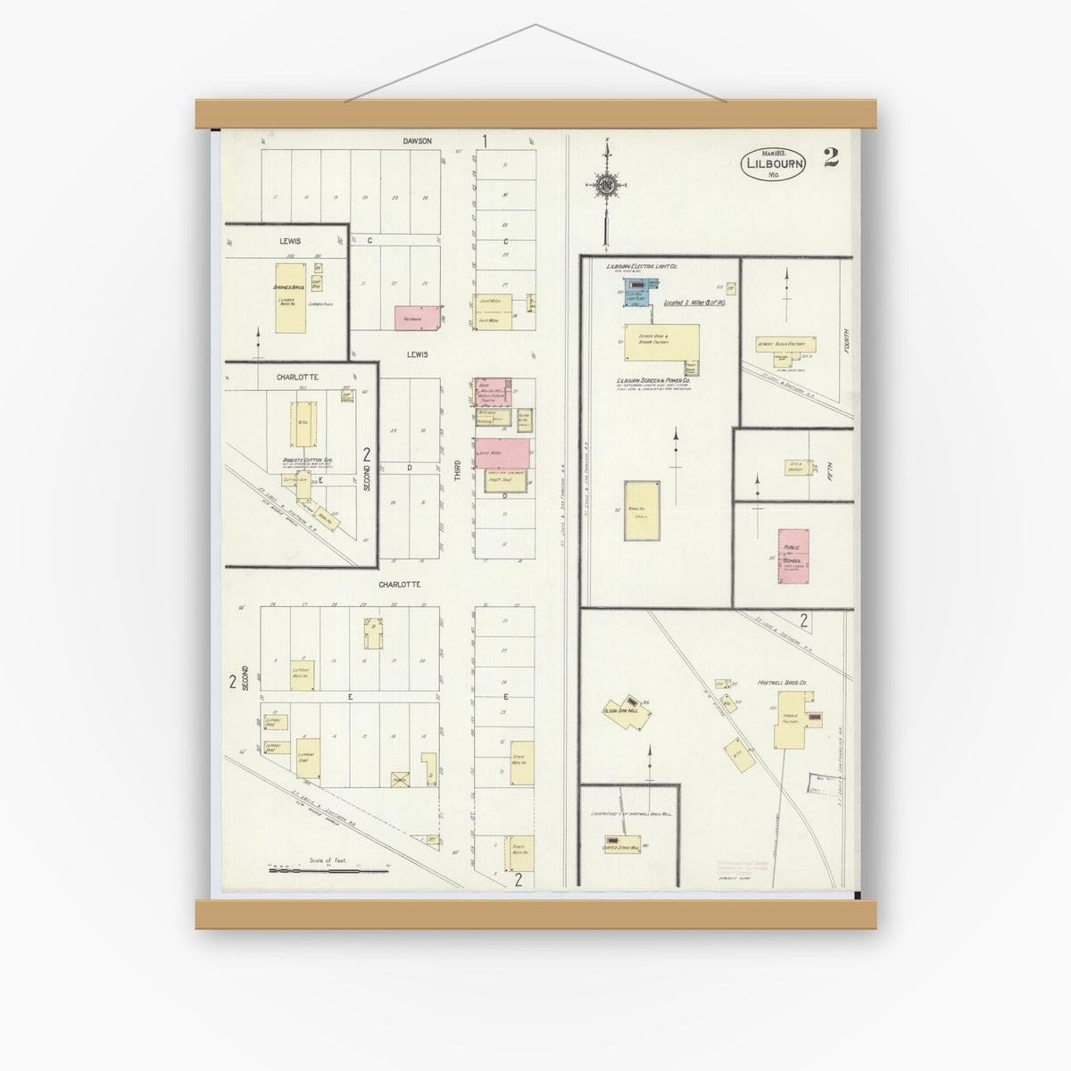 Old map wall art mockup — magnetic wood frame on white wall — Sanborn Fire Insurance Map from Lilbourn, New Madrid County, Missouri (1913), Sheet #0002