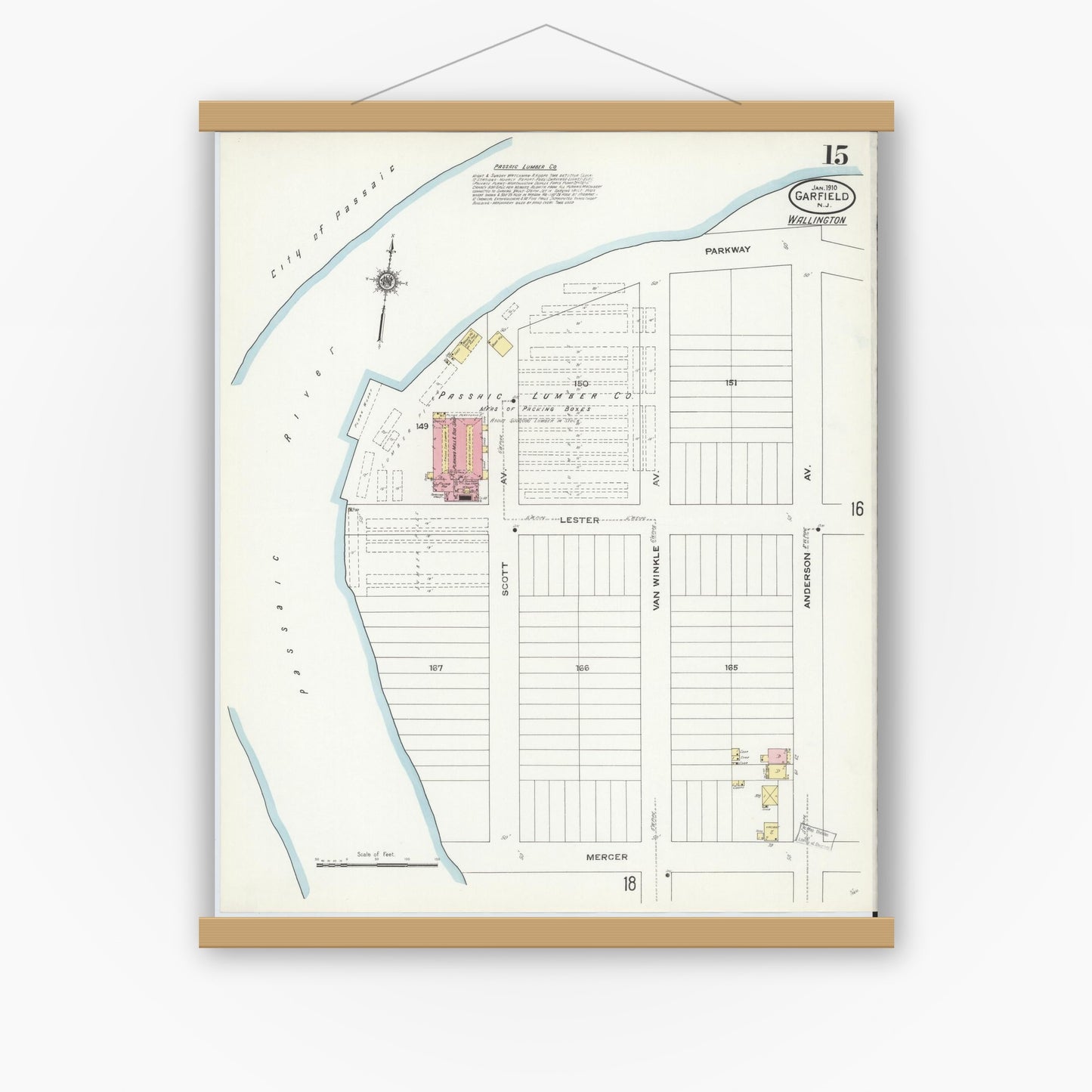 Old map wall art mockup — magnetic wood frame on white wall — Sanborn Fire Insurance Map from Garfield, Bergen County, New Jersey (1910), Sheet #0015