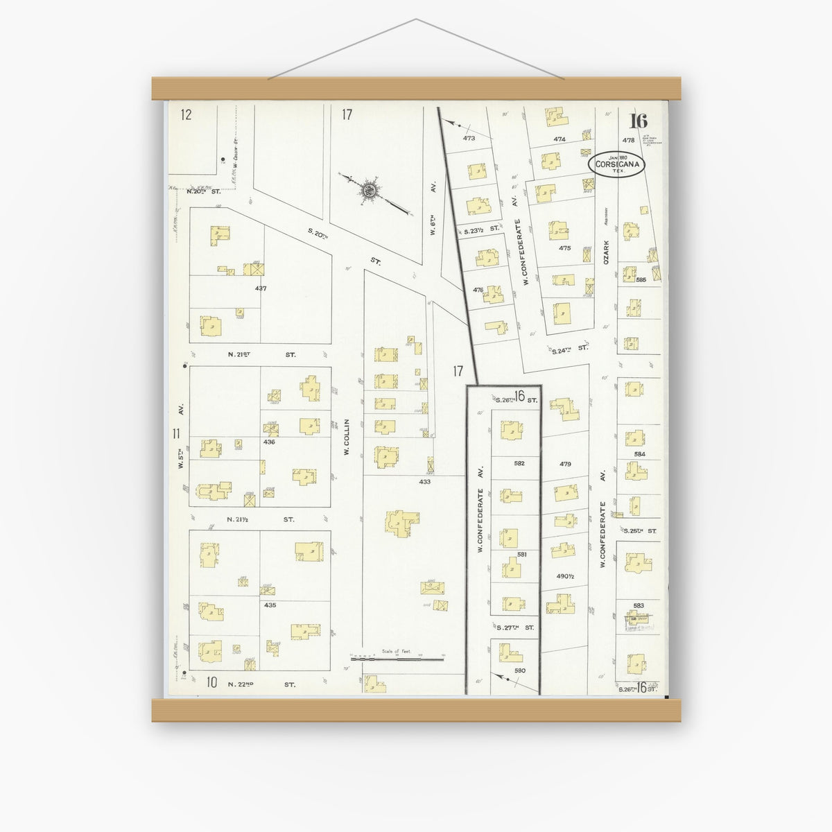 Old map wall art mockup — magnetic wood frame on white wall — Sanborn Map from Corsicana, Navarro County, Texas (1910), Sheet #0016