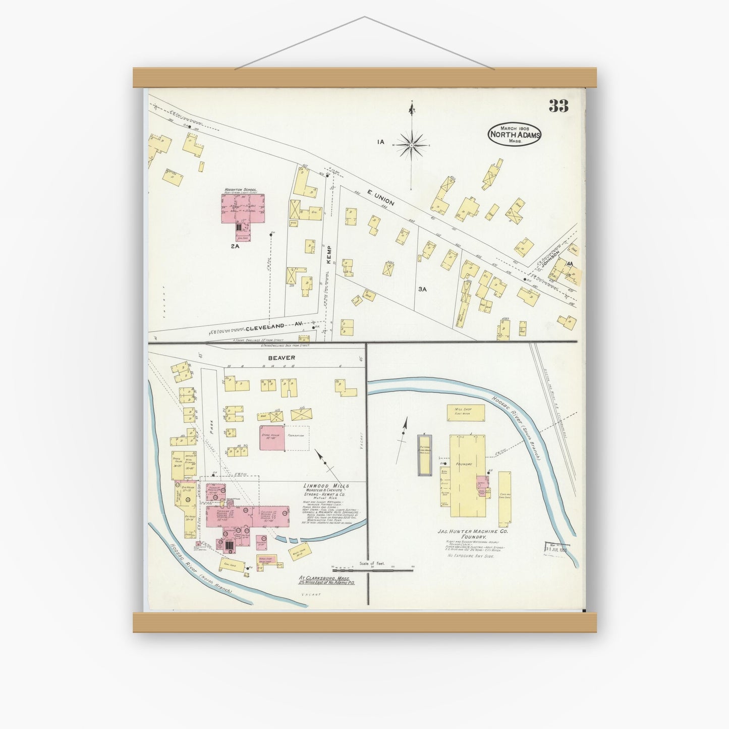 Old map wall art mockup — magnetic wood frame on white wall — Sanborn Fire Insurance Map from North Adams, Berkshire County, Massachusetts (1908), Sheet #0033