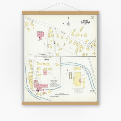 Old map wall art mockup — magnetic wood frame on white wall — Sanborn Fire Insurance Map from North Adams, Berkshire County, Massachusetts (1908), Sheet #0033