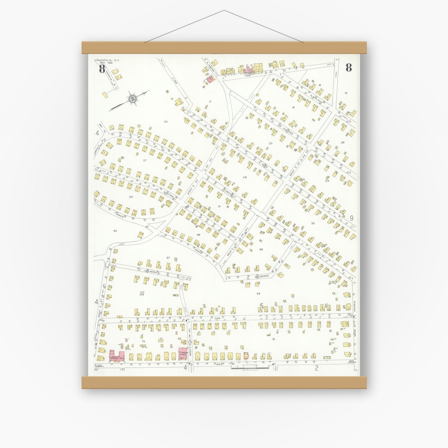 Old map wall art mockup — magnetic wood frame on white wall — Sanborn Fire Insurance Map from Kannapolis, Rowan And Cabarrus Counties, North Carolina (1932), Sheet #0008