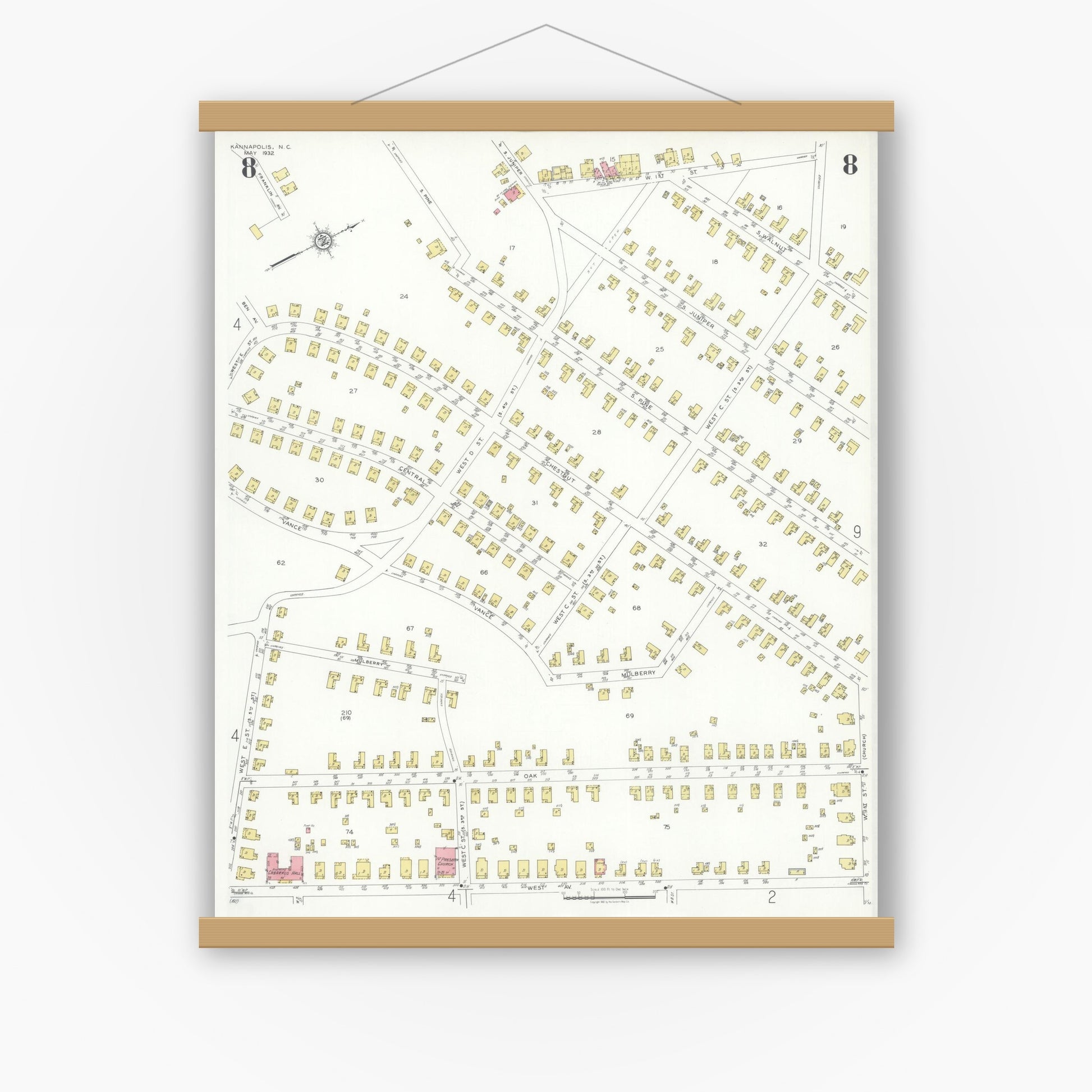 Old map wall art mockup — magnetic wood frame on white wall — Sanborn Fire Insurance Map from Kannapolis, Rowan And Cabarrus Counties, North Carolina (1932), Sheet #0008