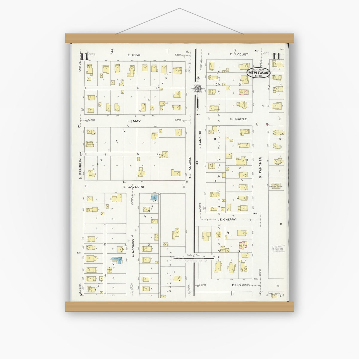 Old map wall art mockup — magnetic wood frame on white wall — Sanborn Fire Insurance Map from Mount Pleasant, Isabella County, Michigan (1924), Sheet #0011